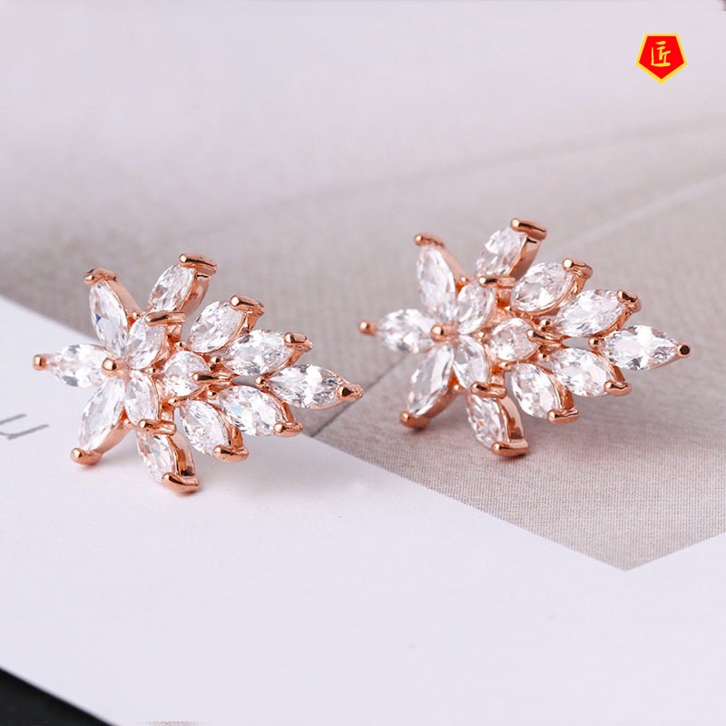 [Ready Stock]New Creative Leaves Bright Crystal Stud Earrings