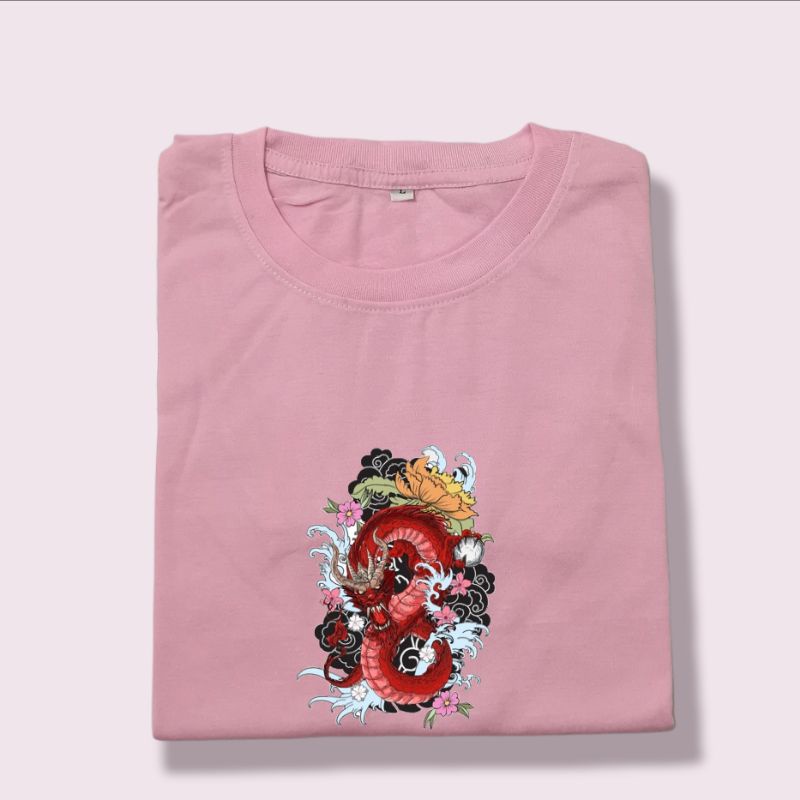 kaos pria motif NAGA MERAH baju naga dewasa kaos jepang baju oblong size s m l xl xxl xxxl sedia warna hitam putih nevy maron misty mustrad tosca pink