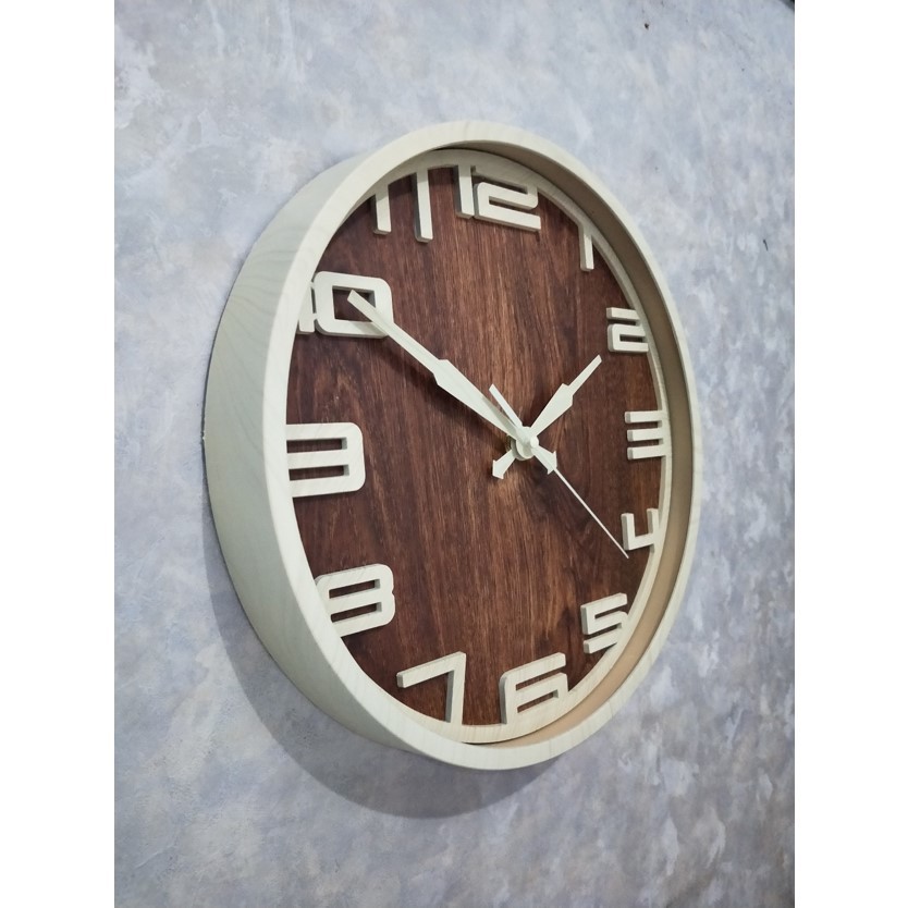 Jam Dinding Minimalis Vintage Motif Kayu Wood Grain 35cm Free Baterai