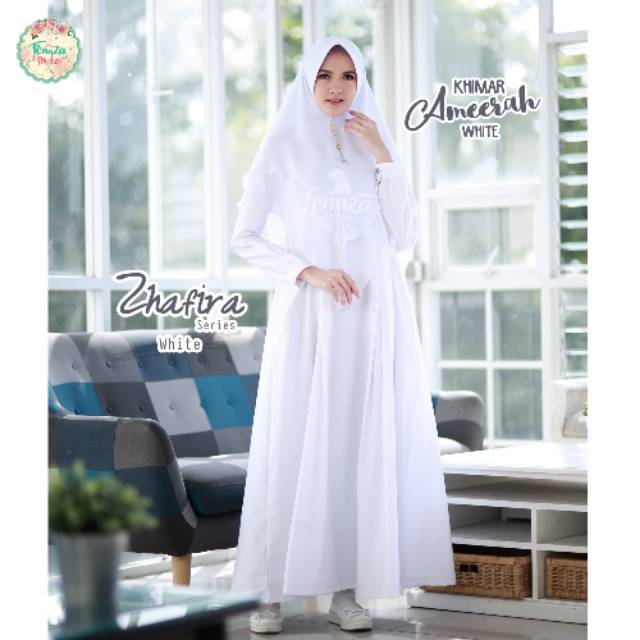 Gamis Zhafira Dress Warna White Putih by Fenuza Muslim Wear Toyobo Adem Glossy Mewah Busui Syari