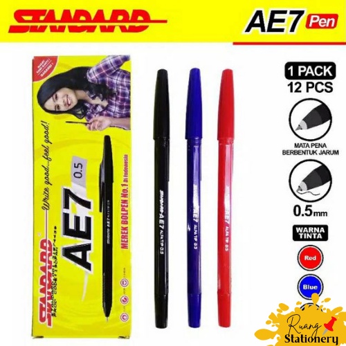 

STANDARD Pena Ballpoint AE7 0.5 Hitam, Merah, Biru 1 Kotak Isi 12Pcs