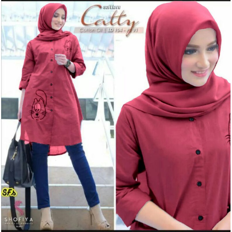 Kemeja wanita catty aksen bordir model terbaru shofiya baju polos model kantor masakini-maroon