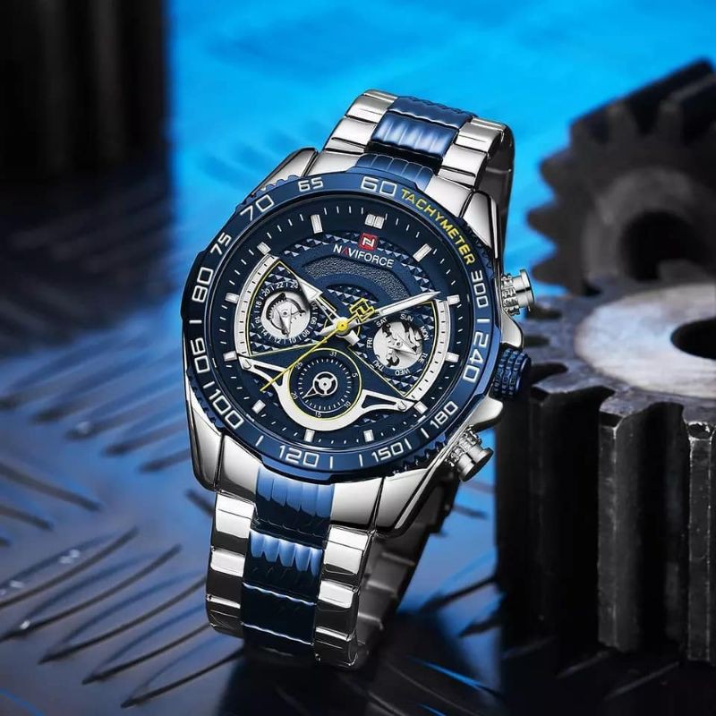 Jam Tangan Pria Sporty Naviforce Nf-9185 CT Chrono Aktif Tali Rantai Original Bisa COD