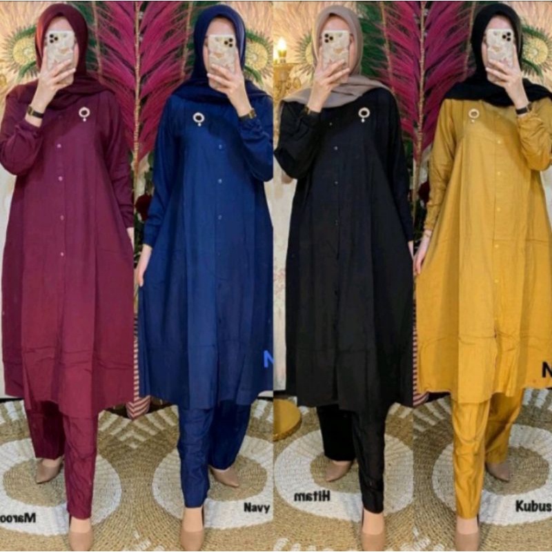 setelan tunik kancing depan baju muslimah ld 110