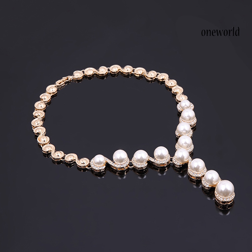 OW@ Women Pearl Inlaid Rhinestone Necklace Bracelet Stud Earrings Ring Jewelry Set