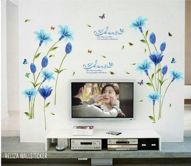 RELIZA WALL STICKER BUNGA LILY BIRU BLUE FLOWERS SK9122A STIKER DINDING