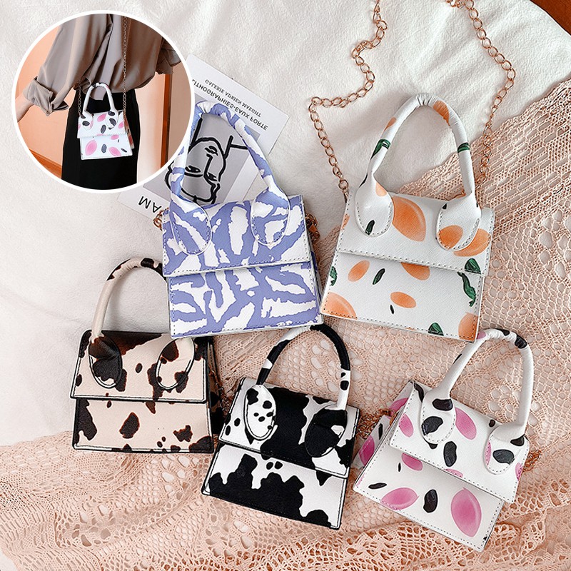 [ Clearance Sale! ] Tas Selempang Wanita  Motif MINI Print Bahan Kulit Dengan Tali Rantai Sling Bag Import