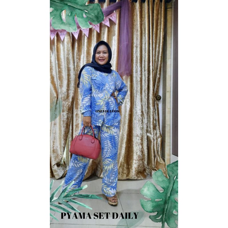 Pyama Set Motif Biru /Pyama Cotton Rayon/Pyama Modern
