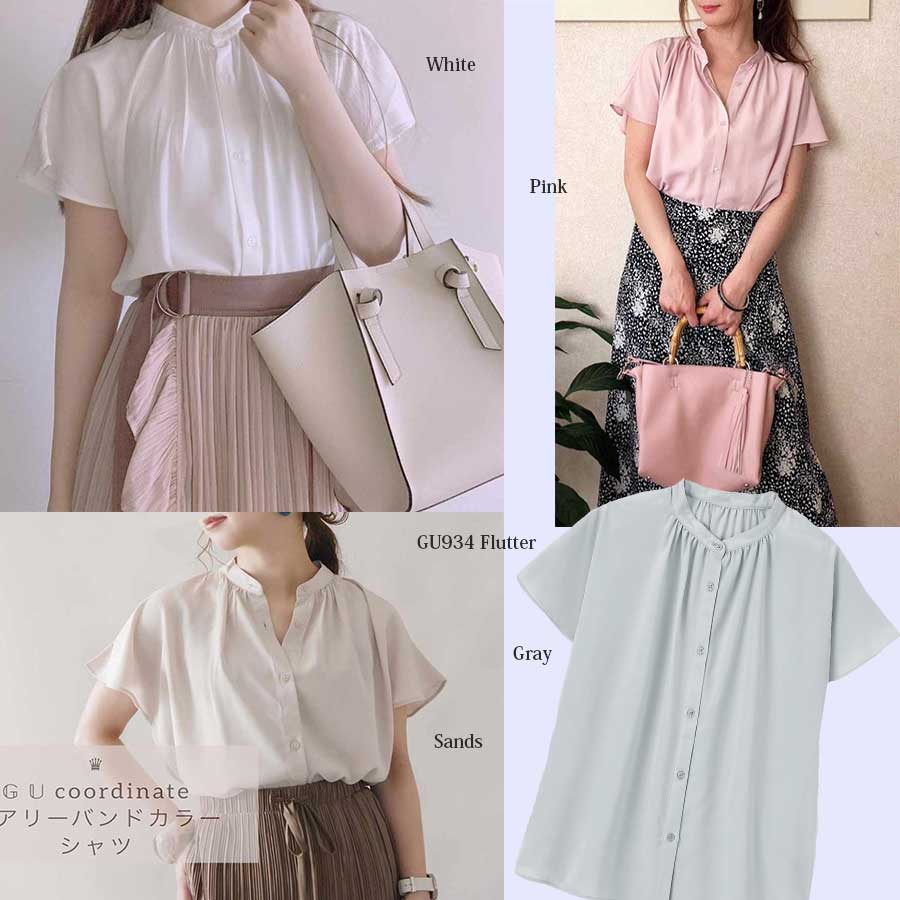 BLOUSE WANITA GU Airy band collar  TANGAN PENDEK-4