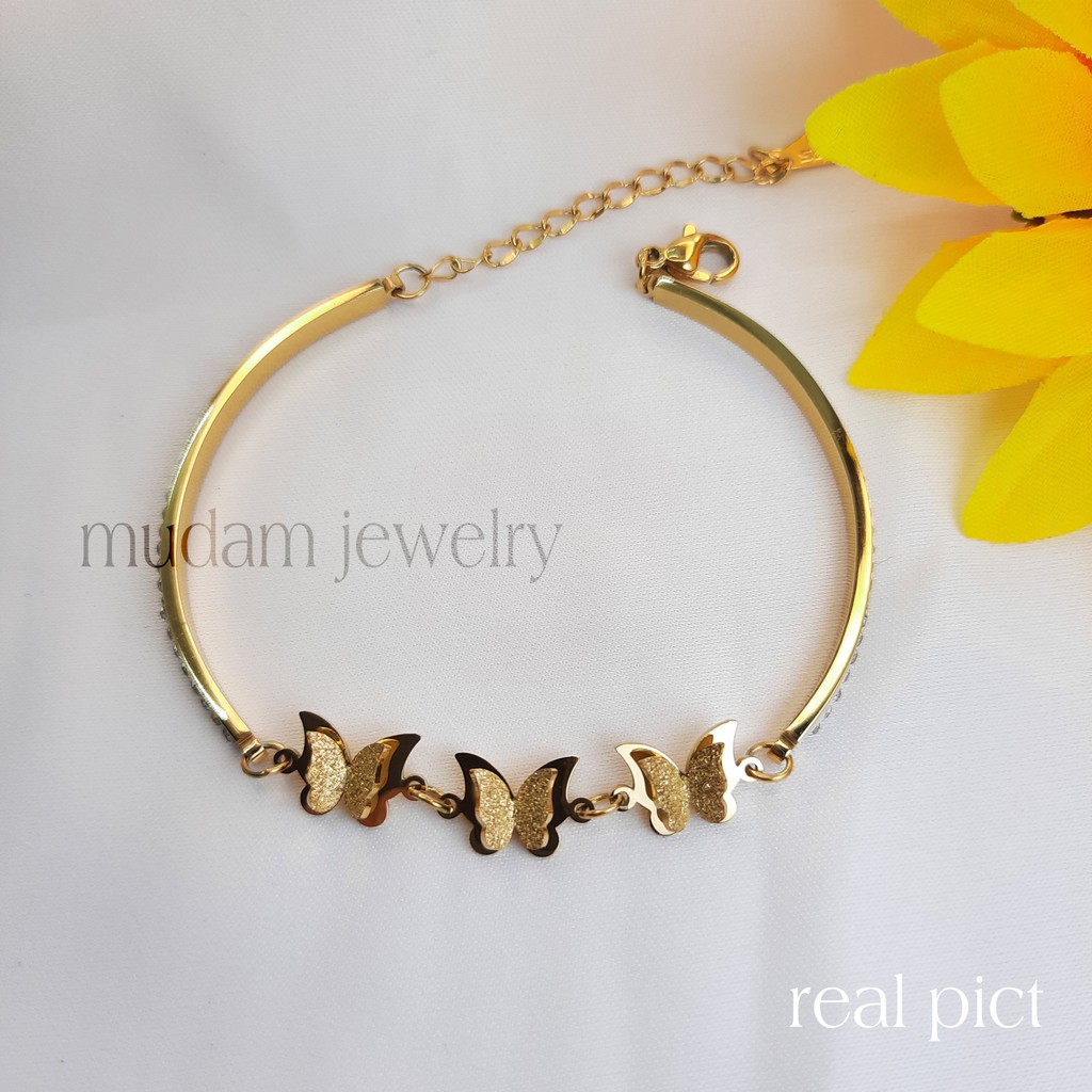 Gelang Titanium 3 Kupu-Kupu Gengan Taburan Kristal Artifisial Warna Rosegold, Gold dan Silver