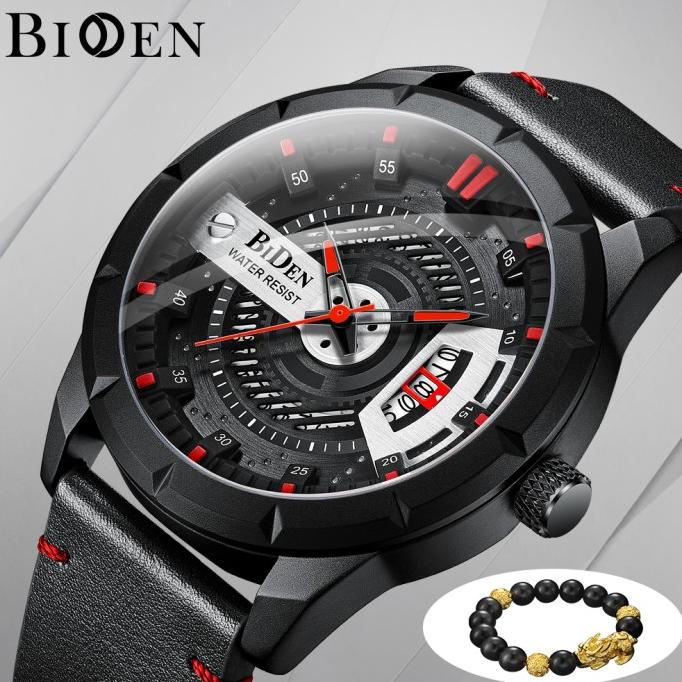 BIDEN Jam Tangan Pria Tali kulit Display Kuarsa Tahan Air Jam Pria Termurah