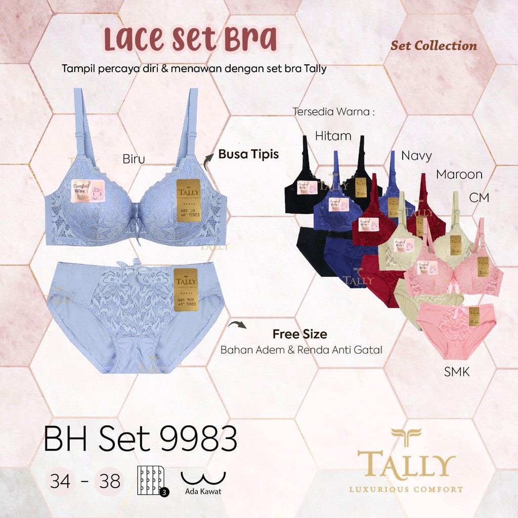 TALLY BRA BH SET CD CELANA DALAM 9983 I CUP B | ADA KAWAT I BUSA TIPIS I SIZE 34 - 38