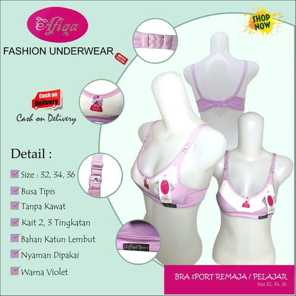 BRA SPORT  BH SPORT Ukuran Remaja Pelajar 32 - 34 - 36 Violet Tanpa Kawat Dengan Busa Tipis By Afiqa
