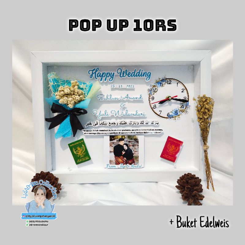 POP UP / SCRAP FRAME 3D, FRAME 10RS + JAM + LAMPU + BUKET EDELWEIS / kado unik, kado ultah, anniv, w