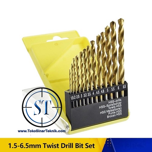 13 Pcs Mata Bor Lapis Titanium Gold HSS Twist Dril Bit Set Metal Plastik Logam 1.5-6.5mm Metric Round Shank Quick Change + Box