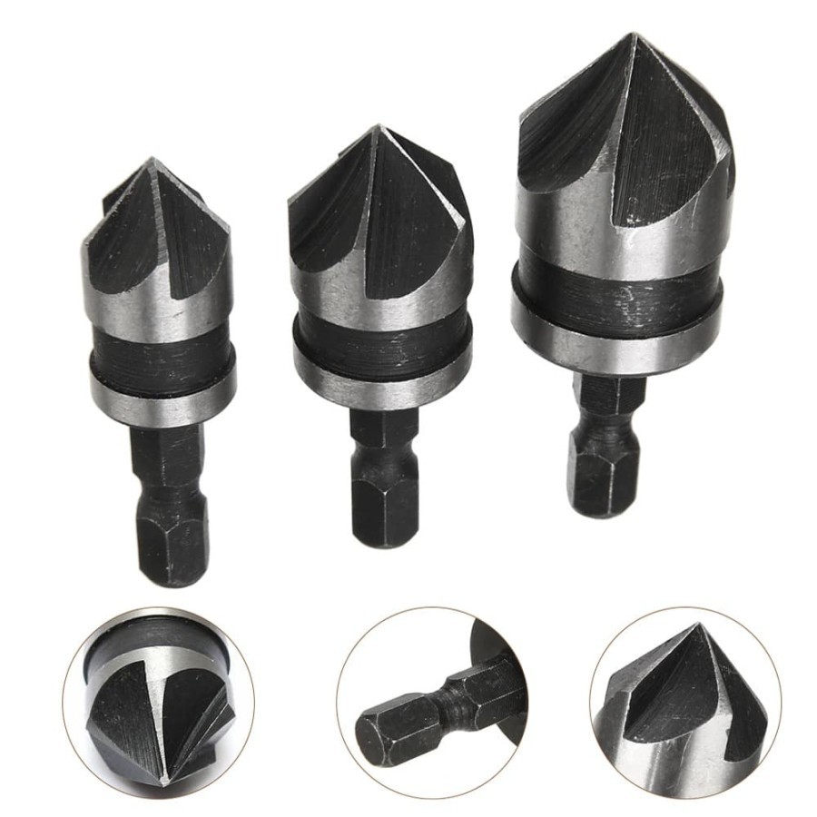 Mata Bor Countersink Set 3pcs Carbon Steel HSS Black Grey 12-16-19mm Hitam Silver Countershink Drill