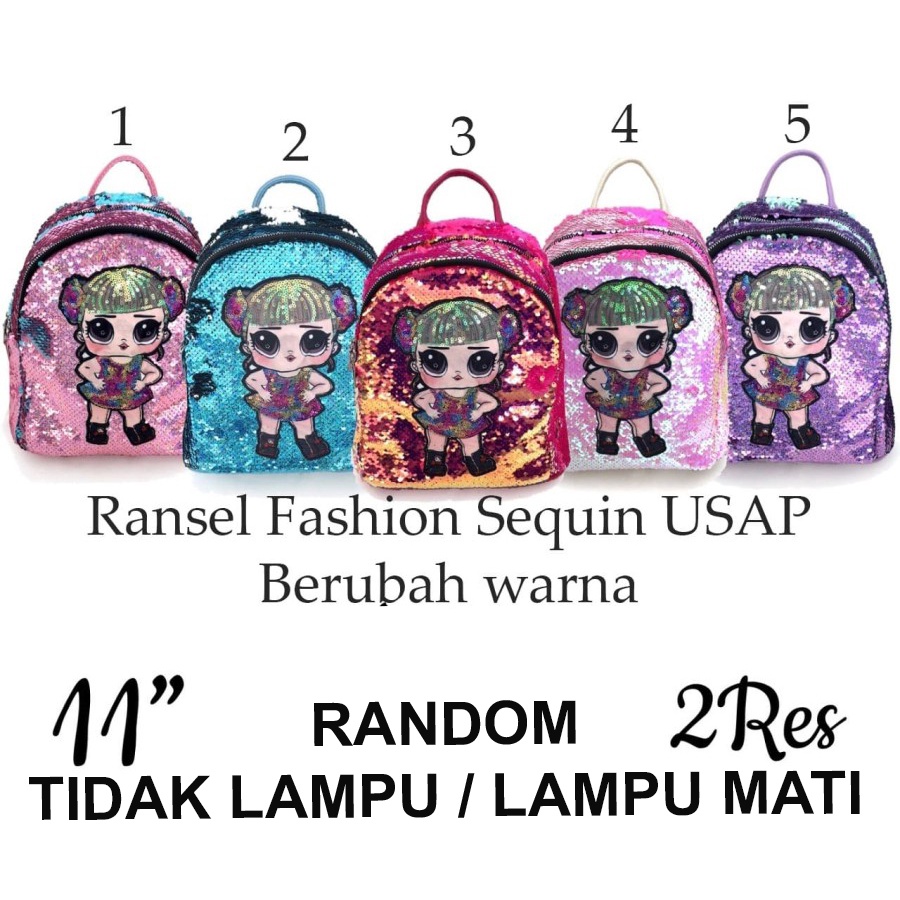 PROMO CUCI GUDANG RANSEL Fashion Anak LED Lampu + MUSIK DAN NO LAMPU RANDOM Sequin Usap Payet Manik Manik Berubah Warna 11inch / 10inch