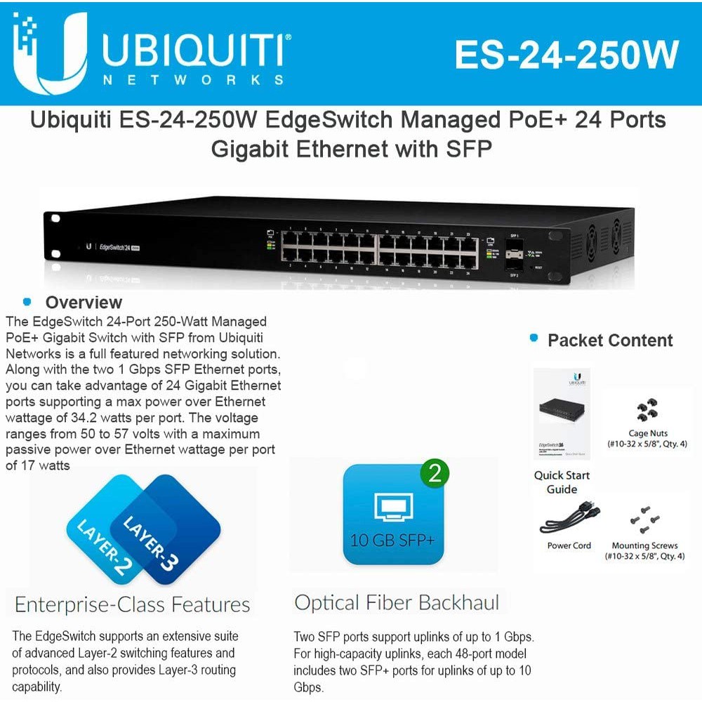 Ubiquiti ES-24-250W Edge Switch Managed PoE+ Gigabit 24Port 250Watt