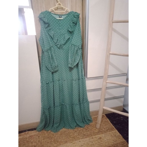 gamis polkadot hijau  tosca putih ceruti premium