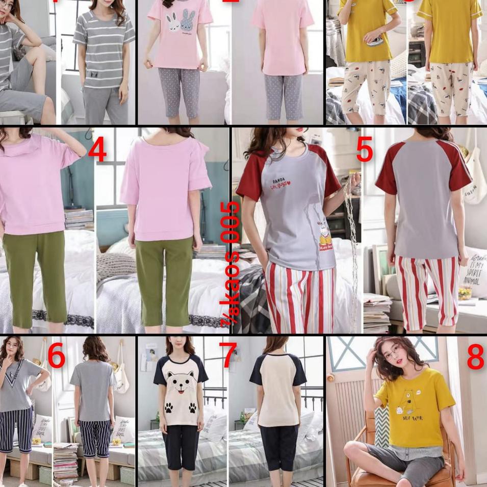 Baju tidur piyama lengan pendek celana tujuh perdelapan bahan kaos import 7/8kaos005