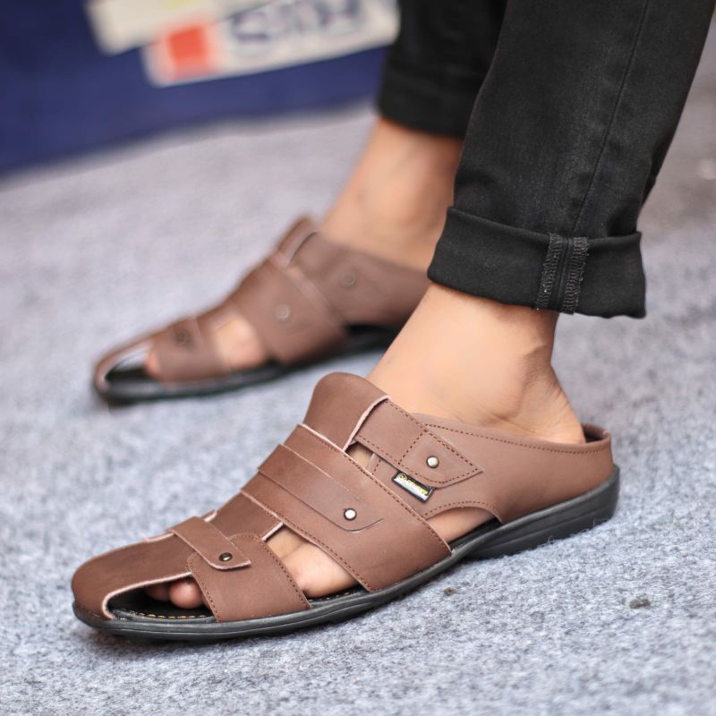 Sandal Bustong Pria Kulit Asli Sepatu Sandal Casual Semi Formal Original Slop Santai
