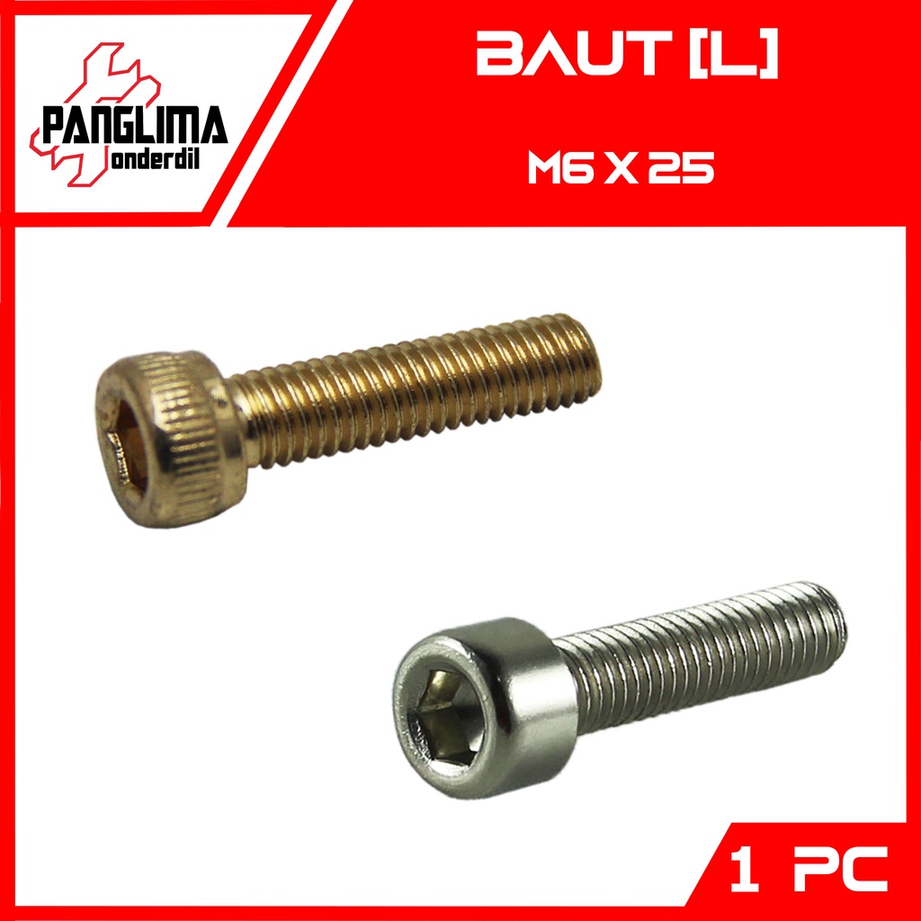 Baut L-L5 M6x25-6X25-M 6 x 25 Kunci-K 5 P-Pitch 1 Emas-Nikel Baud Bolt