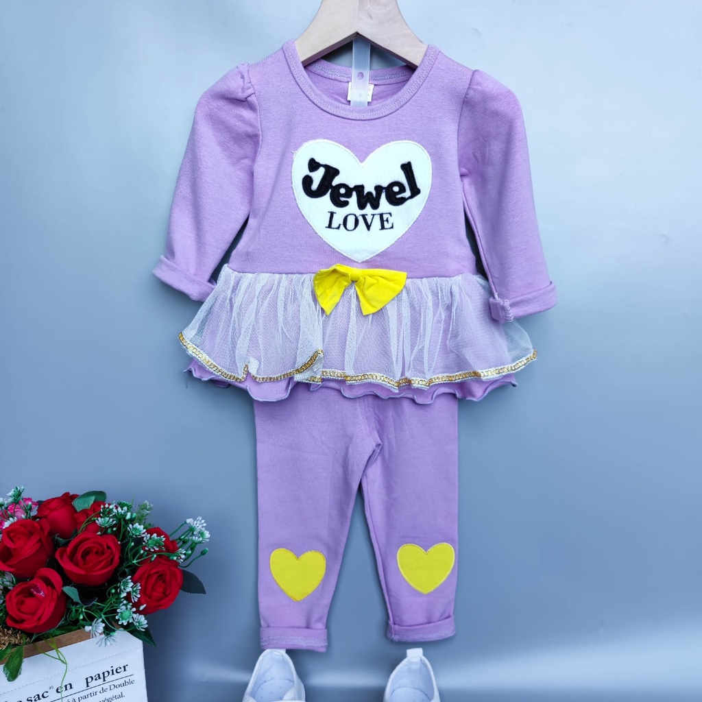 Promo !! Setelan baju anak perempuan cute / setelan jewel love naomi import ukuran 9bulan-3tahun