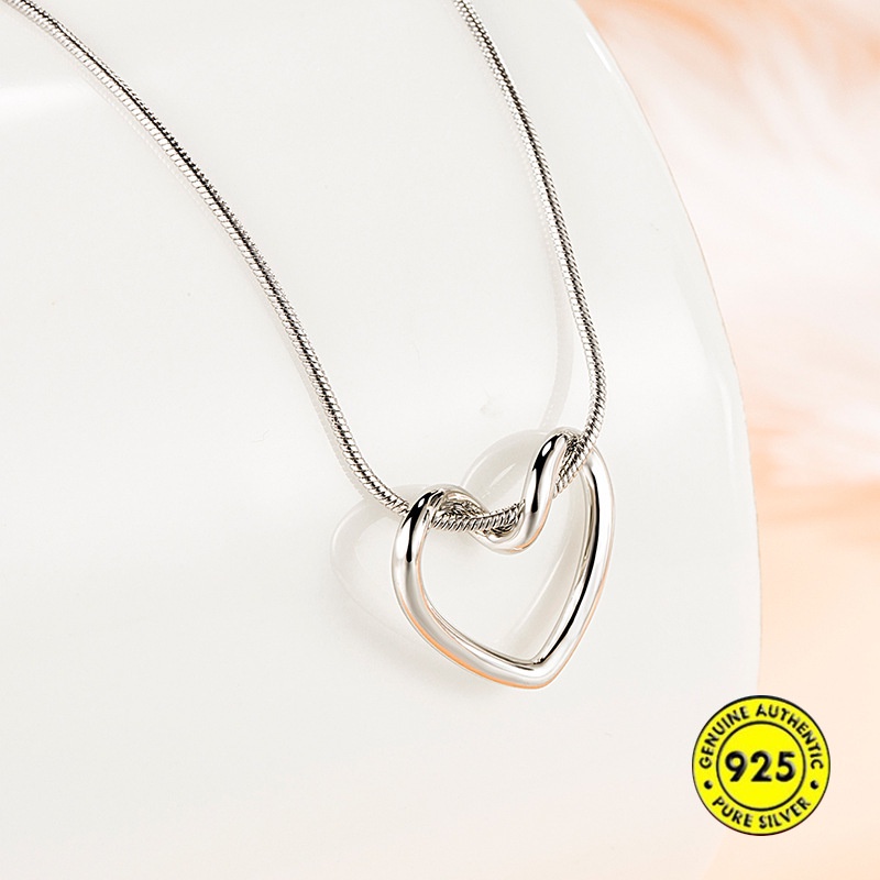 Kalung Rantai Klavikula Desain Hati Bahan S925 Silver Untuk Wanita