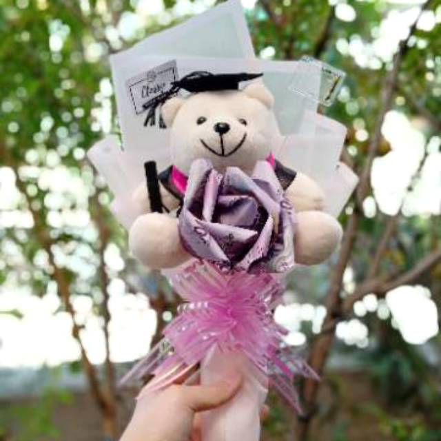 Small Money Roses + Boneka Wisuda (10k) / Buket Bucket Bunga Uang Asli / Hadiah Kado Graduation