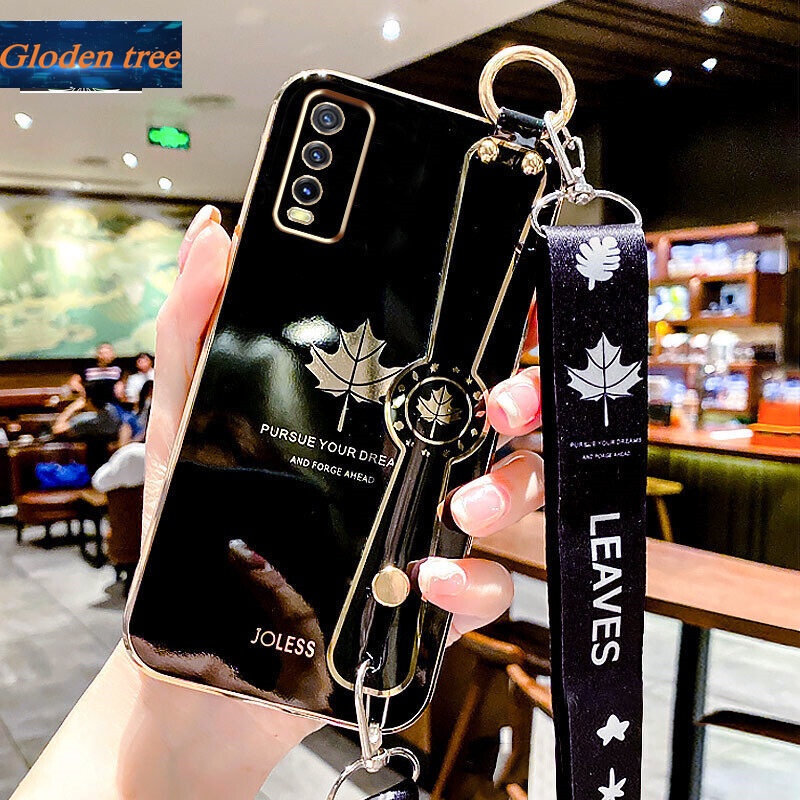 Case Motif Daun Maple Dengan lanyard Untuk Vivo Y12S 2021 Y12A Y20 2021 Y20i Y20A Y20S G