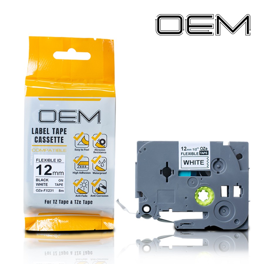 OEM LABEL TAPE FLEXIBLE LAMINATED 12mm x 8m FOR USE ON BROTHER PTOUCH