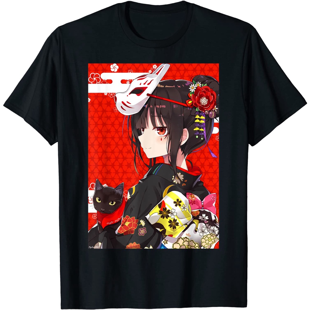 BAJU ANAK Anime Girl Japanese Waifu Kawaii Neko Cat Kitsune Mask T-Shirt