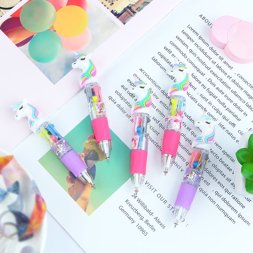 (Hot Sale) Alat Tulis Kantor Sekolah Pena Ballpoint Silikon Kartun Unicorn Mini 4 Warna