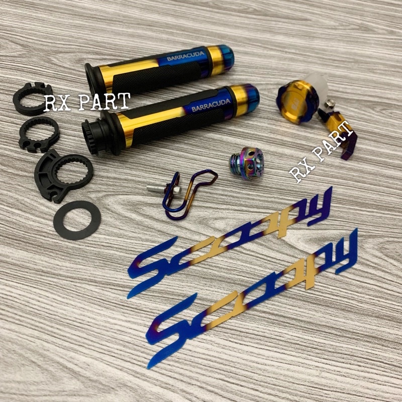 Grip barracuda+Emblem cnc+Gantungan Barang+Tutup oli mesin+Tabung minyak rem 2Tone motor SCOOPY