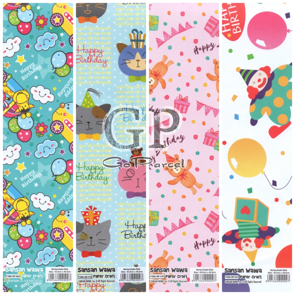 ( 5 Lembar ) BDAY SANWA - KERTAS KADO HAPPY BIRTHDAY - GIFT WRAPPING PAPER SANSAN WAWA ULANG TAHUN HBD / ANIMAL / BINATANG / BEAR / UNICORN / BALON / PARTY / PESTA / BALLOON / CLOWN / CATS / GIRLS / BOYS / ANAK / KADO / GIFTS / PRESENT / KUDA PONY