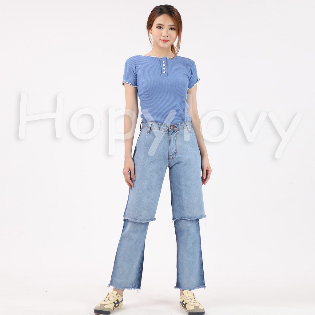 HOPYLOVY - Celana Boyfriend Jeans Wanita Two Tones Model Sambung Bawah Aneira