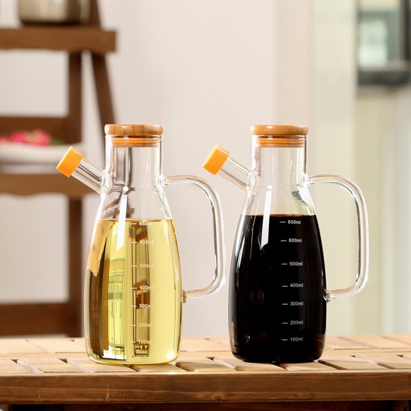 BOTOL MINYAK GORENG SERBAGUNA 650ML DAN 1000 ML / BOTOL KACA DENGAN PENUTUP KAYU DAN GAGANG BOTOL MINYAK BOTOL AESTHETIC