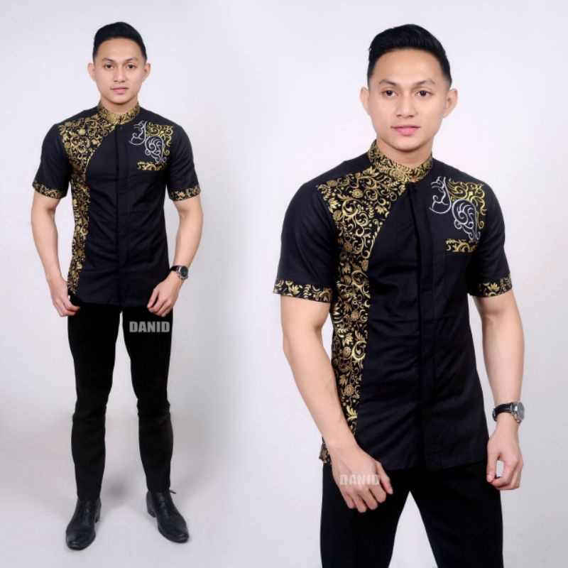 boss batik Koko batik hitam gold lengan pendek koko