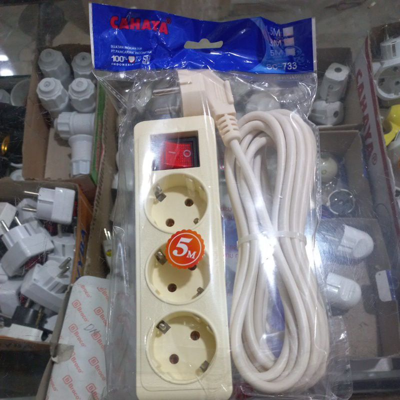 stop kontak kabel 5 meter kuningan merek cahaya/rolan kabel 5 meter