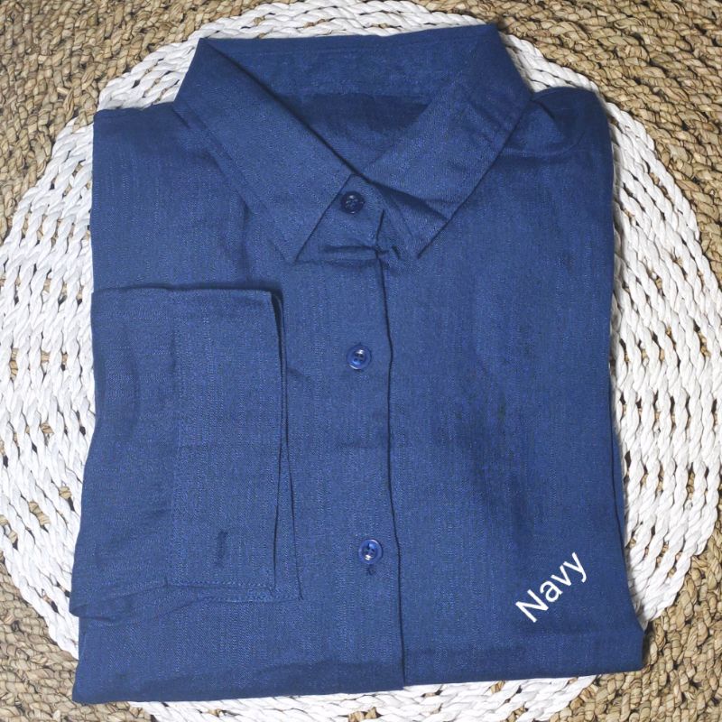 Saku Kemeja Wanita/Blus kemeja linen 2021 Kualitas tinggi Wanita/Atasan wanita kantor Wanita chic lengan panjang-Navy_KMJ Linen