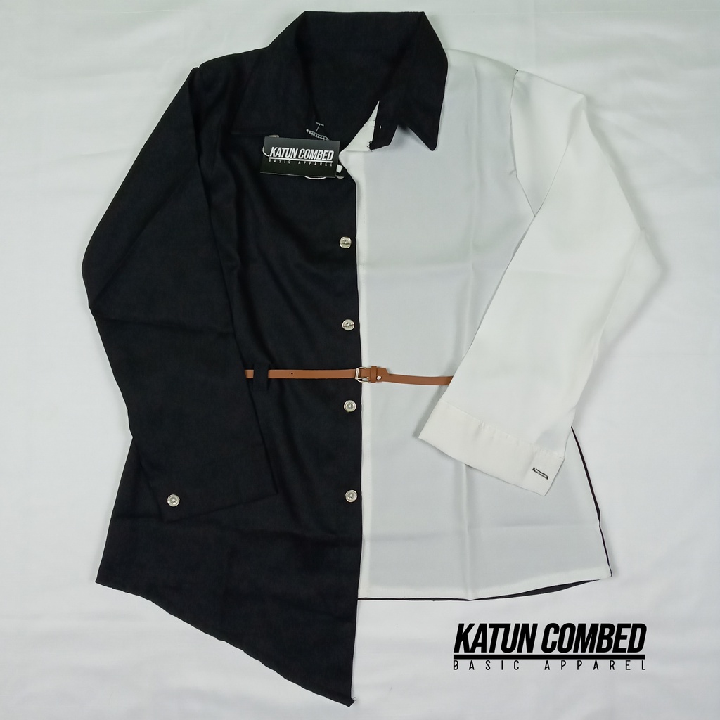 Kemeja Wanita Atasan Blouse Casual Polos Kombinasi Lengan Panjang Korean Style Model Ikat Pinggang-3