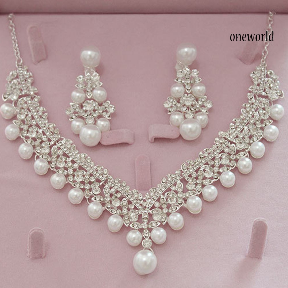 OW@ Women Faux Pearl Rhinestone Pendant Necklace Earrings Crown Tiara Jewelry Set