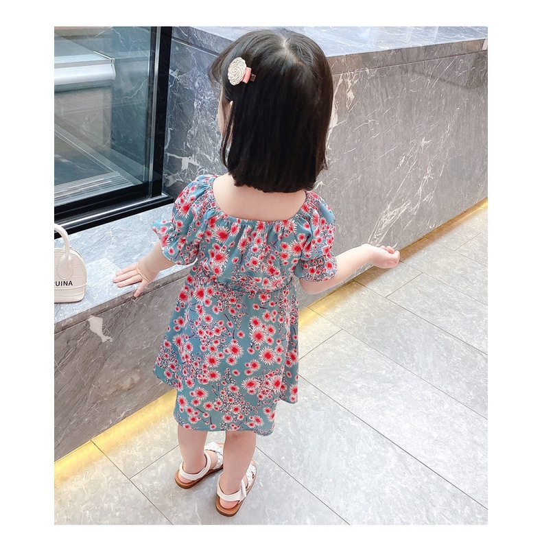 Dress Anak Perempuan Korean Fashion Floral Printed Short Sleeve Gaun