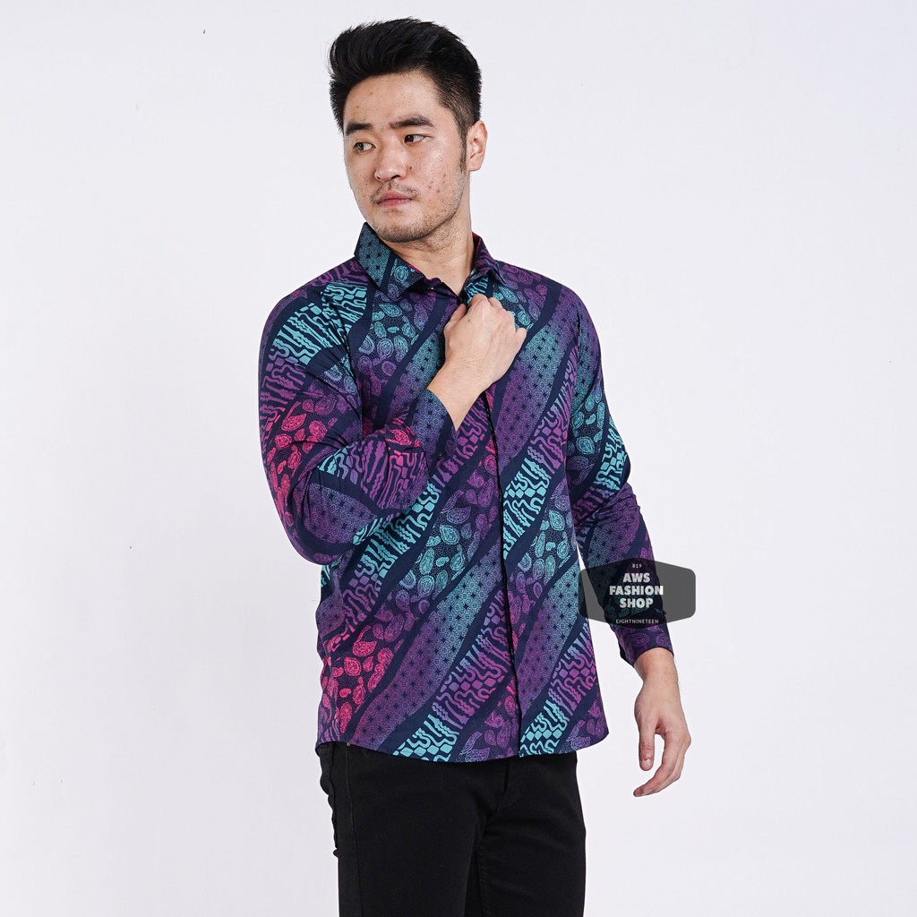 Kemeja Batik Pria Lengan Panjang Gradasi Blue Black Slimfit