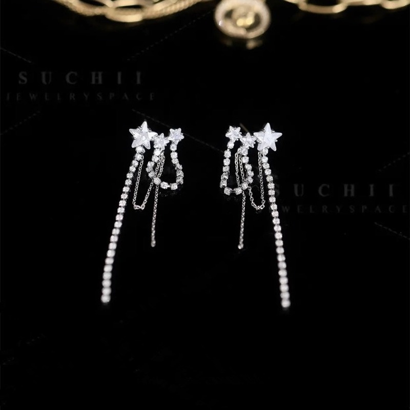 Anting Rumbai Panjang Desain Bintang Bahan Silver Needle Zirkon Untuk Wanita