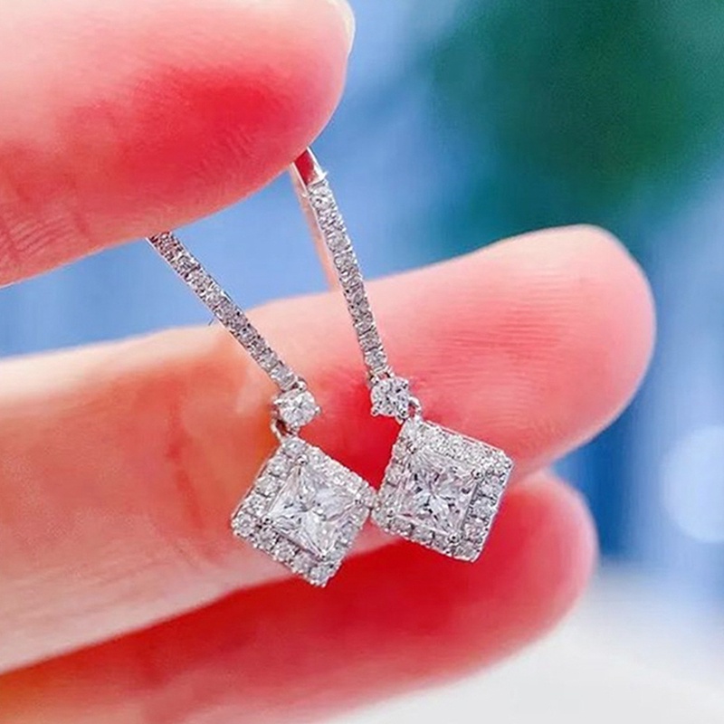 Fancyqube Anting Tusuk Gantung Desain Geometri Hias Cubic Zirconia Warna Silver Untuk Pengantin Wanita
