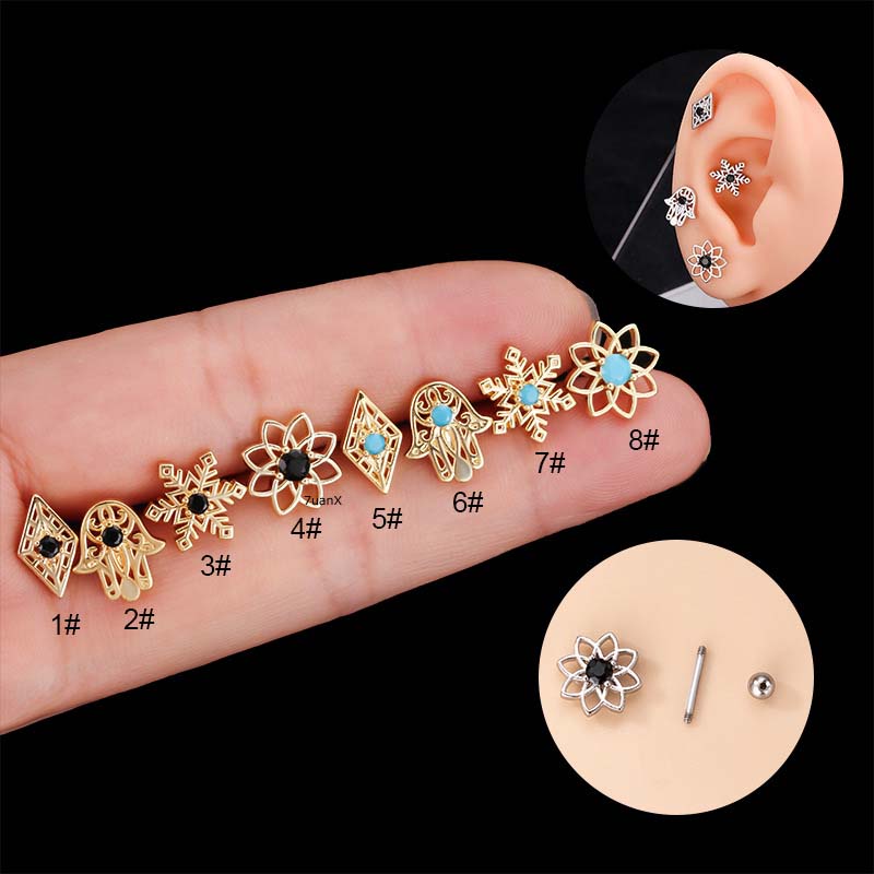 1pc Anting Stud Tindik Tulang Rawan Bentuk Bunga Palem Snowflake Hollow Out Bahan Stainless Steel Ukuran 6mm