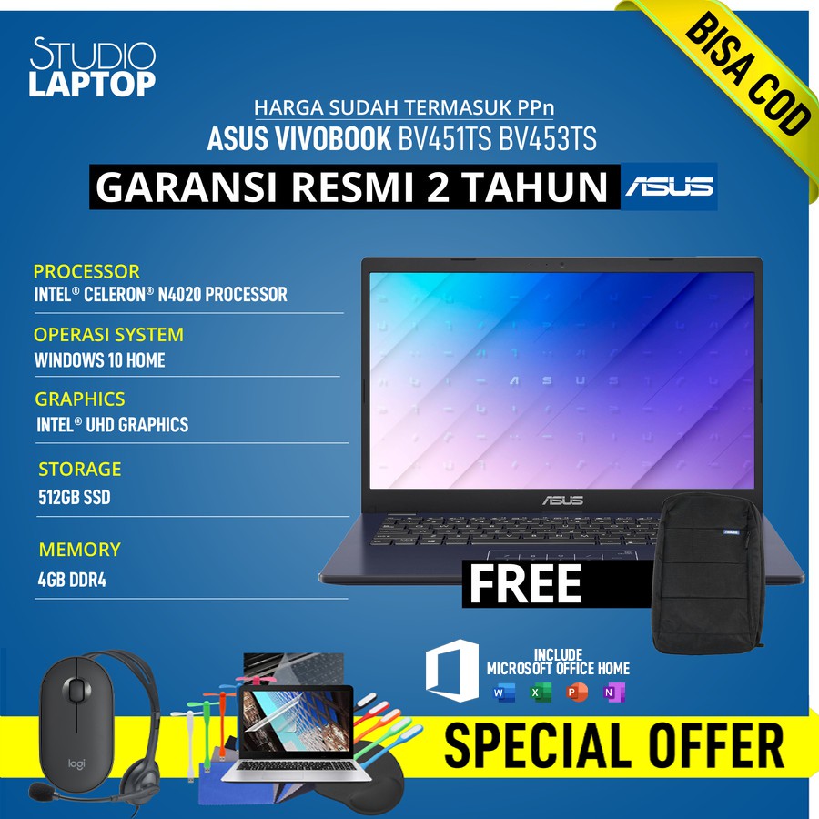 Jual Laptop Asus E410ma Bv451ts Intel Celeron N4020 Ram 4gb 512gb Ssd W10 Shopee Indonesia 7232