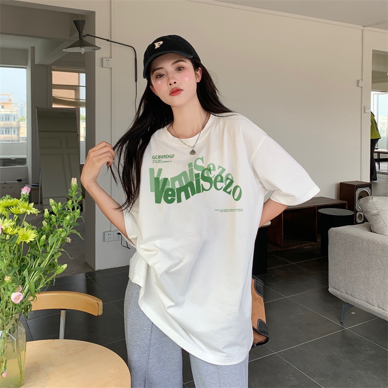 100% Katun Kaos Vintage Hitam Atasan Wanita Lengan Pendek Letter Oversize Printed T-shirt Baju Wanita Kekinian Korean Style/atasan wanita