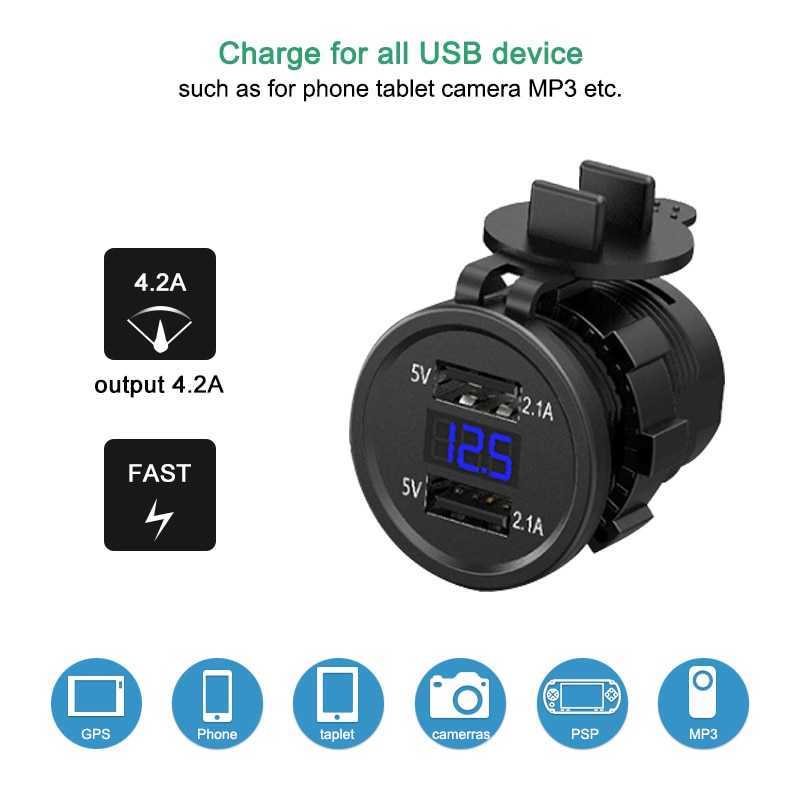 USB Charger Motor 2 Port 4.2A with LED Display Voltmeter / USB Charger Kepala Cas Casan Carge Charge Carger Hp Handphone Motor Beat Nmax Deluxe Scoopy Honda Aerox Lexi Yamaha Vario Fast Charging Waterproof Anti Air Digital Dual Usb / Adaptor Adapter Motor